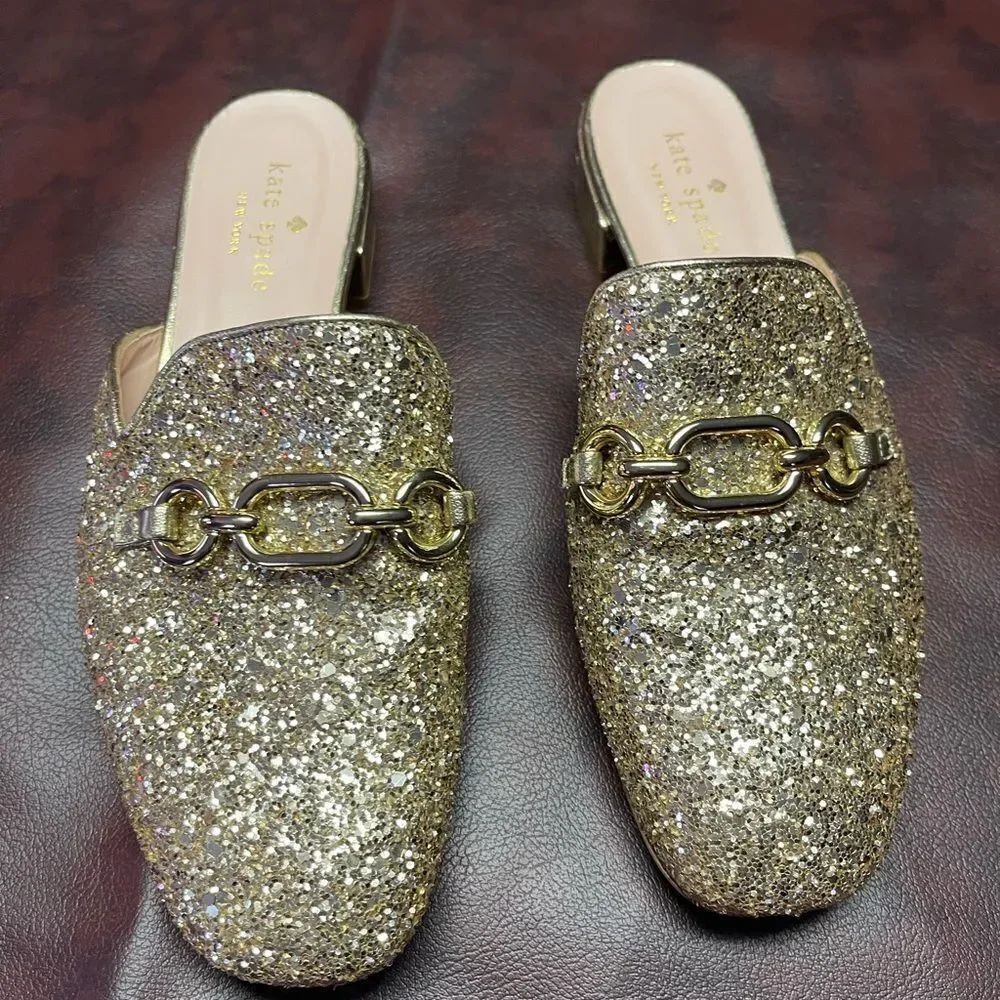 Kate Spade‎ gold glitter Glendi mules, size 6